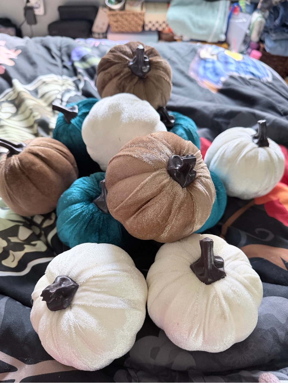 Velvet Decorative Pumpkins - White, Teal, Brown